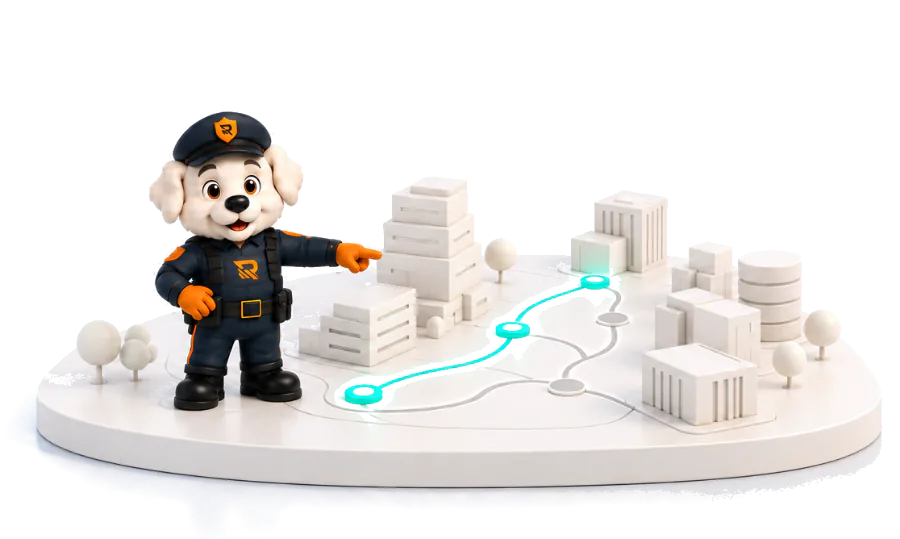Officer Otto in his navy and orange uniform with the R cap badge, pointing at an ivory model of a city estate with teal route checkpoints