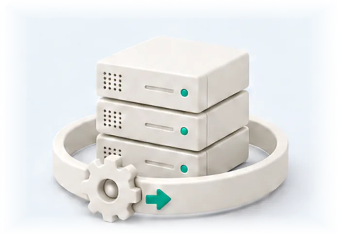 A stack of ivory servers circled by a loop with a gear and teal arrow