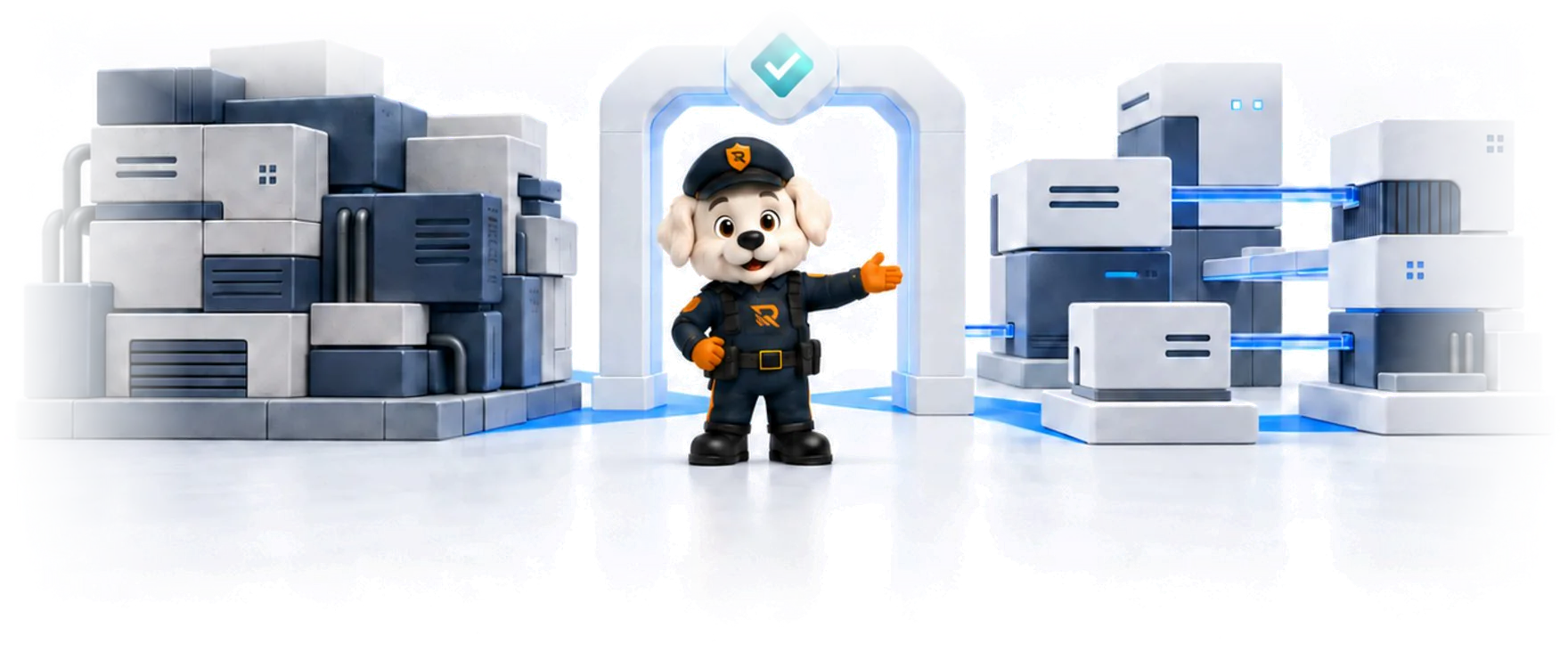 Officer Otto beside a legacy estate on the left and modernized systems on the right, linked by blue connections through a checkpoint arch