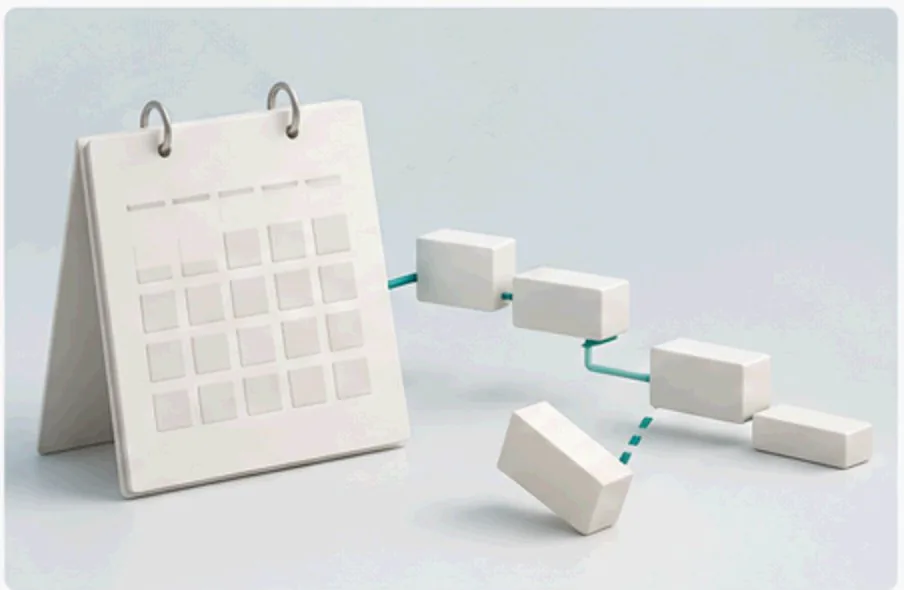 An ivory desk calendar with staggered planning blocks and one displaced block on a teal sequencing line