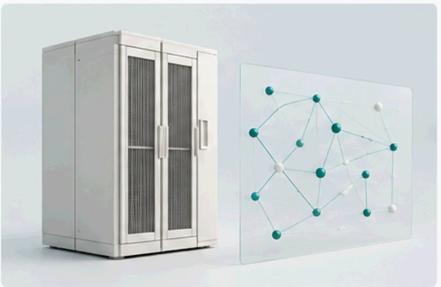 An ivory mainframe cabinet beside a translucent dependency map with teal nodes