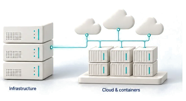 An ivory infrastructure stack linked by teal lines to three ivory clouds above a cluster of container modules