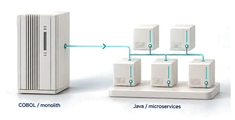 An ivory mainframe cabinet linked by a teal path to five separate ivory service modules on a low base