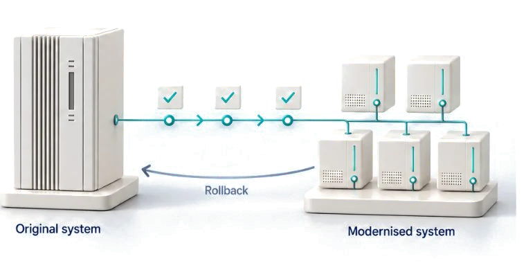 Two ivory platforms joined by a staged teal path with three approval checkpoints, and a curved arrow returning along a rollback route