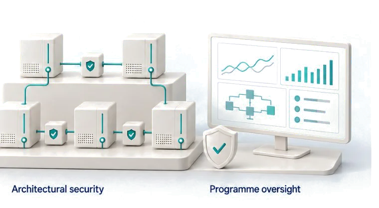 Ivory service modules on layered platforms linked through small teal shield checkpoints, beside a monitoring screen showing charts and a status list