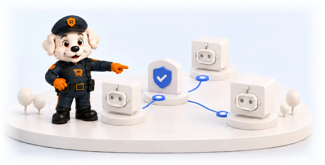 Officer Otto pointing at governed agents connected through a policy gate