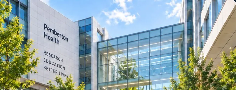 A modern hospital research building with trees in the courtyard