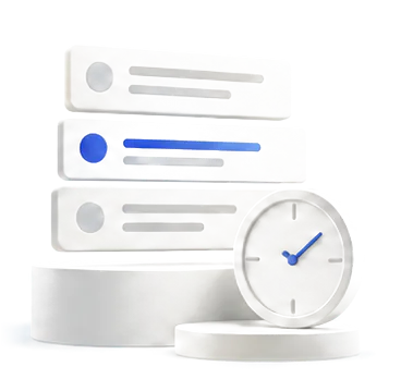 Stacked activity records beside a clock, representing agent history